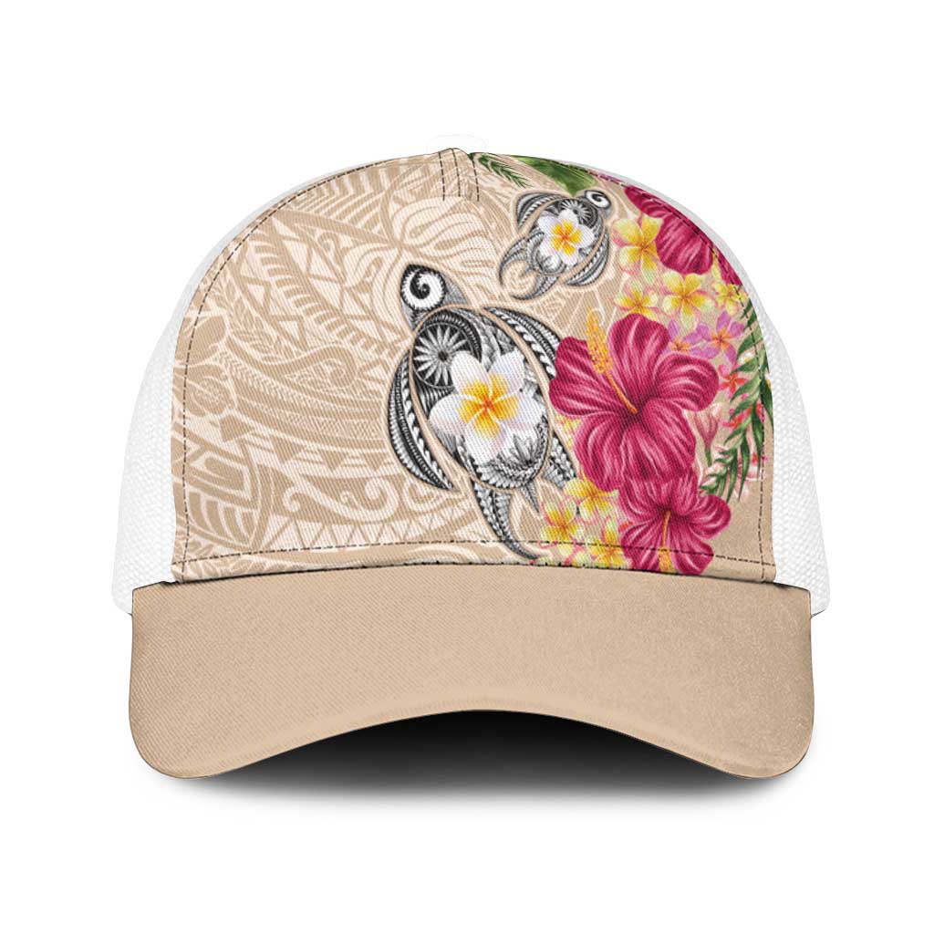Hawaiian Tropical Flowers and Tribal Turtles Mesh Trucker Cap Polynesian Art Motifs Beige Color - Polynesian Pride
