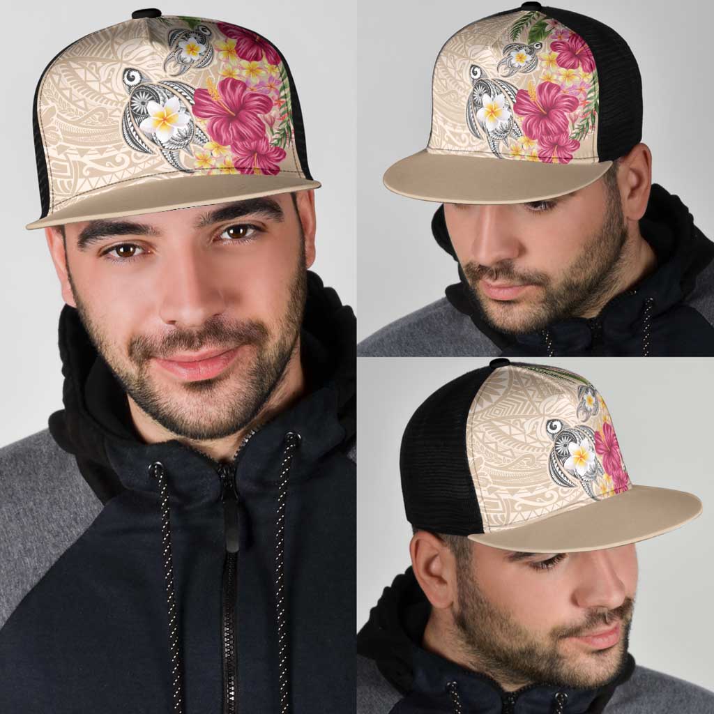 Hawaiian Tropical Flowers and Tribal Turtles Mesh Trucker Cap Polynesian Art Motifs Beige Color - Polynesian Pride