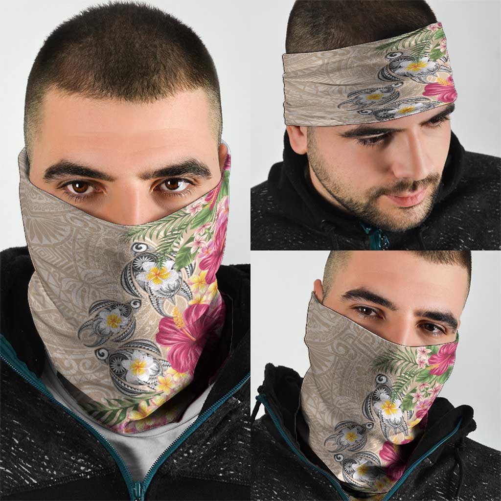Hawaiian Tropical Flowers and Tribal Turtles Neck Gaiter Polynesian Art Motifs Beige Color - Polynesian Pride