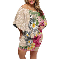 Hawaiian Tropical Flowers and Tribal Turtles Off Shoulder Short Dress Polynesian Art Motifs Beige Color - Polynesian Pride