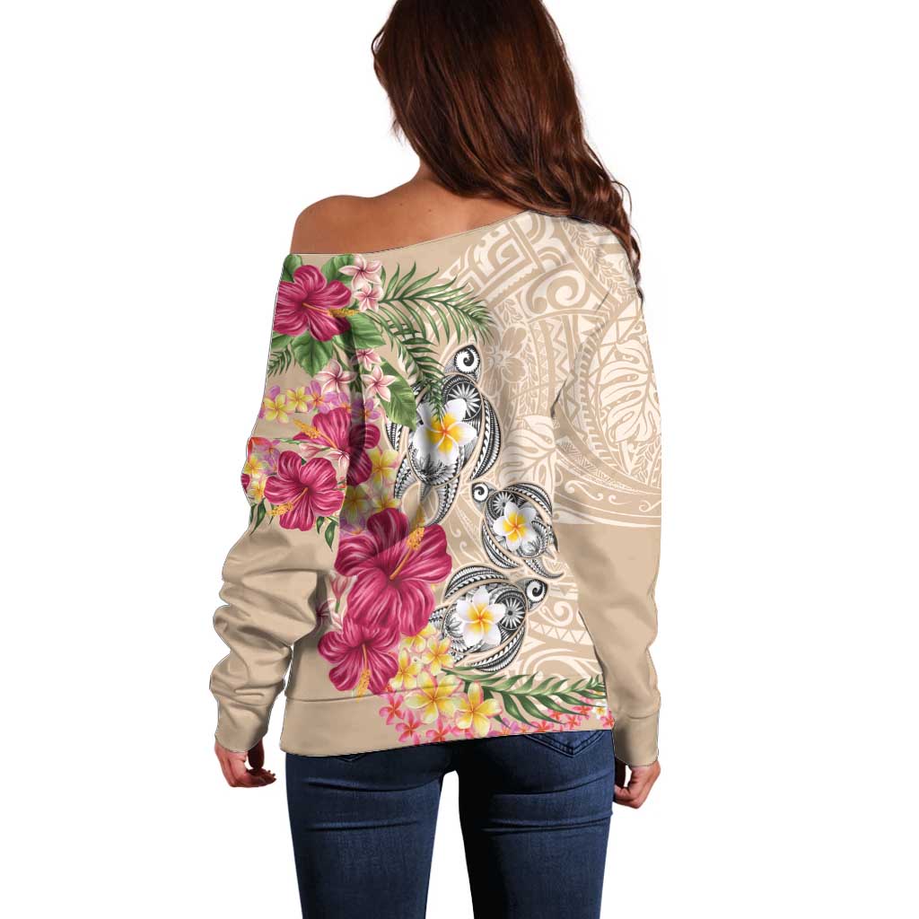 Hawaiian Tropical Flowers and Tribal Turtles Off Shoulder Sweater Polynesian Art Motifs Beige Color - Polynesian Pride