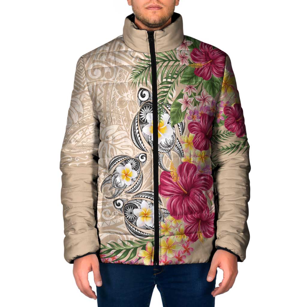 Hawaiian Tropical Flowers and Tribal Turtles Padded Jacket Polynesian Art Motifs Beige Color - Polynesian Pride