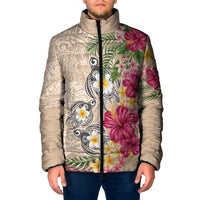 Hawaiian Tropical Flowers and Tribal Turtles Padded Jacket Polynesian Art Motifs Beige Color - Polynesian Pride