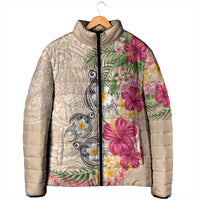 Hawaiian Tropical Flowers and Tribal Turtles Padded Jacket Polynesian Art Motifs Beige Color - Polynesian Pride