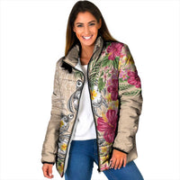 Hawaiian Tropical Flowers and Tribal Turtles Padded Jacket Polynesian Art Motifs Beige Color - Polynesian Pride