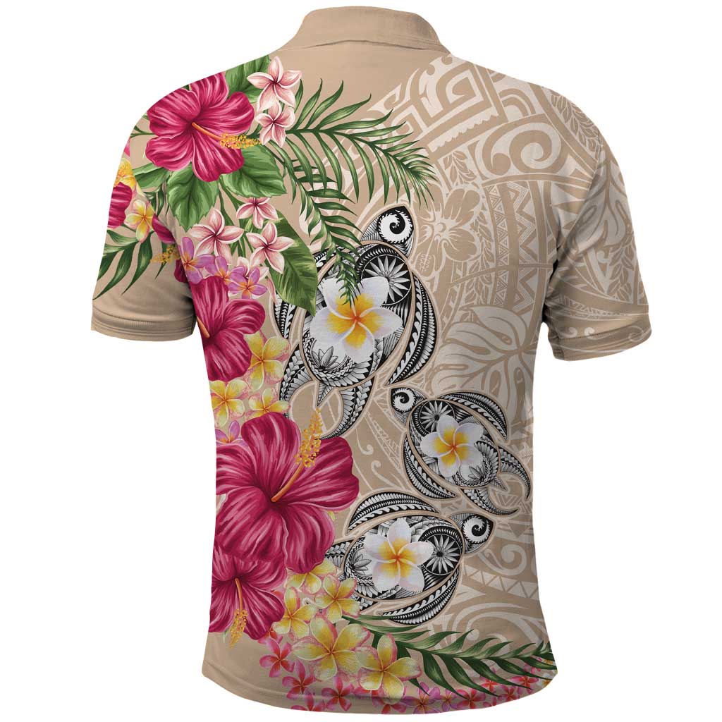 Hawaiian Tropical Flowers and Tribal Turtles Polo Shirt Polynesian Art Motifs Beige Color - Polynesian Pride