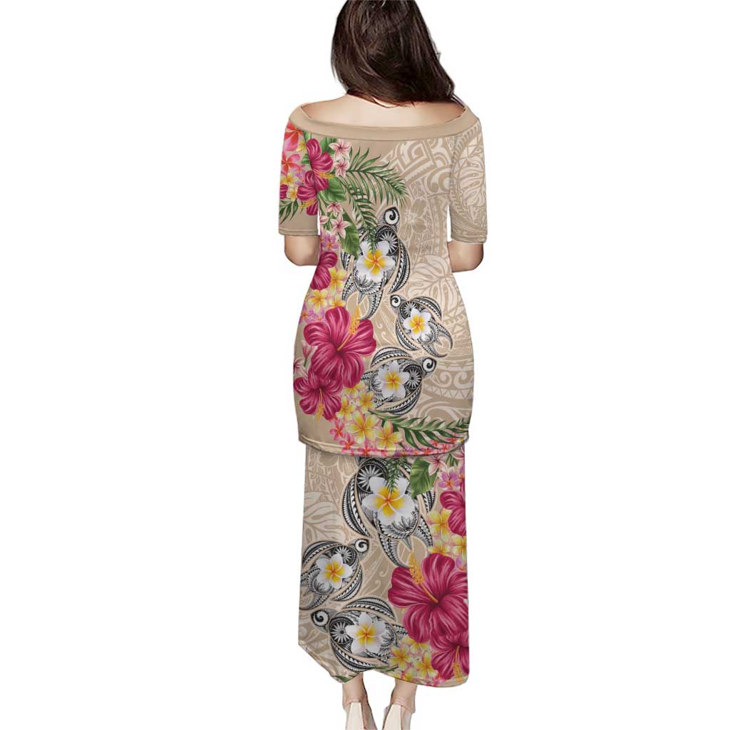 Hawaiian Tropical Flowers and Tribal Turtles Puletasi Polynesian Art Motifs Beige Color - Polynesian Pride