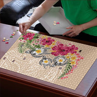 Hawaiian Tropical Flowers and Tribal Turtles Puzzle Polynesian Art Motifs Beige Color - Polynesian Pride