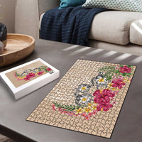 Hawaiian Tropical Flowers and Tribal Turtles Puzzle Polynesian Art Motifs Beige Color - Polynesian Pride