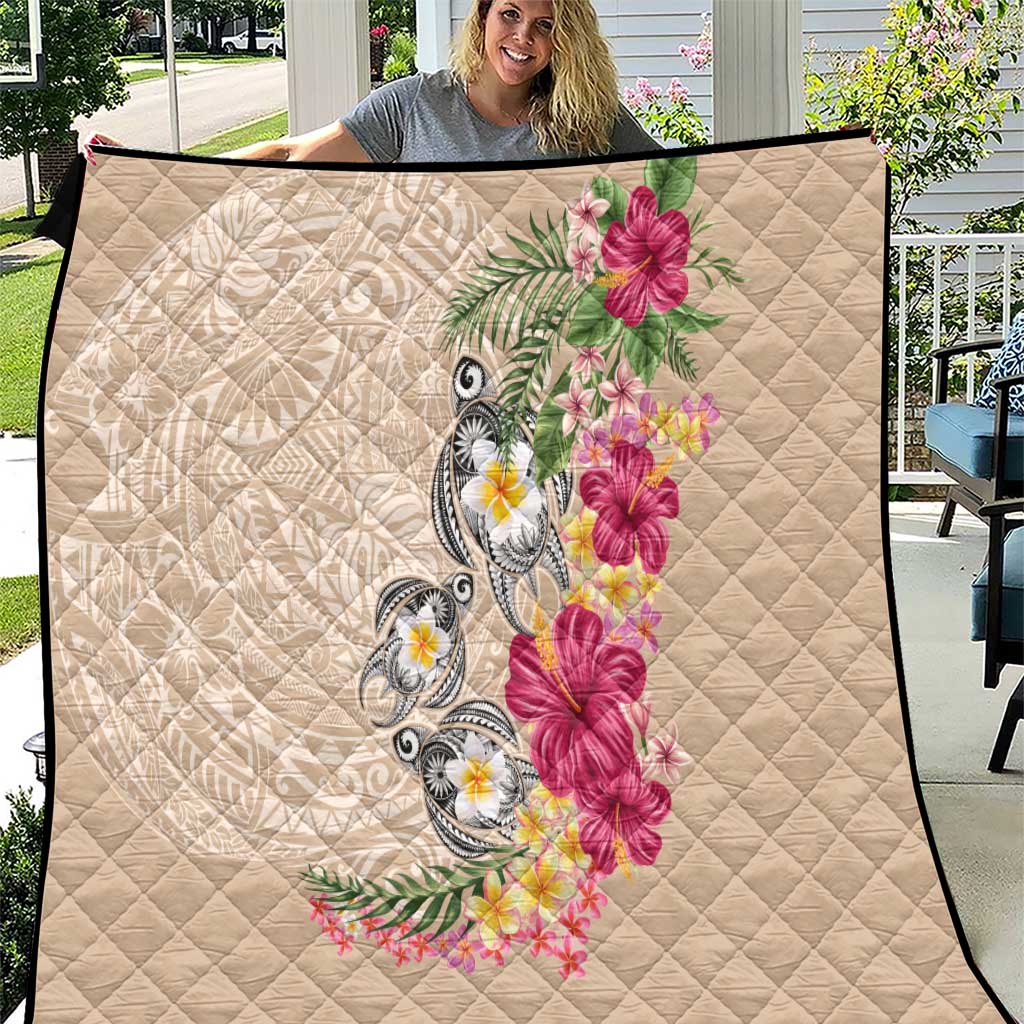 Hawaiian Tropical Flowers and Tribal Turtles Quilt Polynesian Art Motifs Beige Color - Polynesian Pride