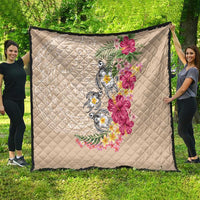 Hawaiian Tropical Flowers and Tribal Turtles Quilt Polynesian Art Motifs Beige Color - Polynesian Pride