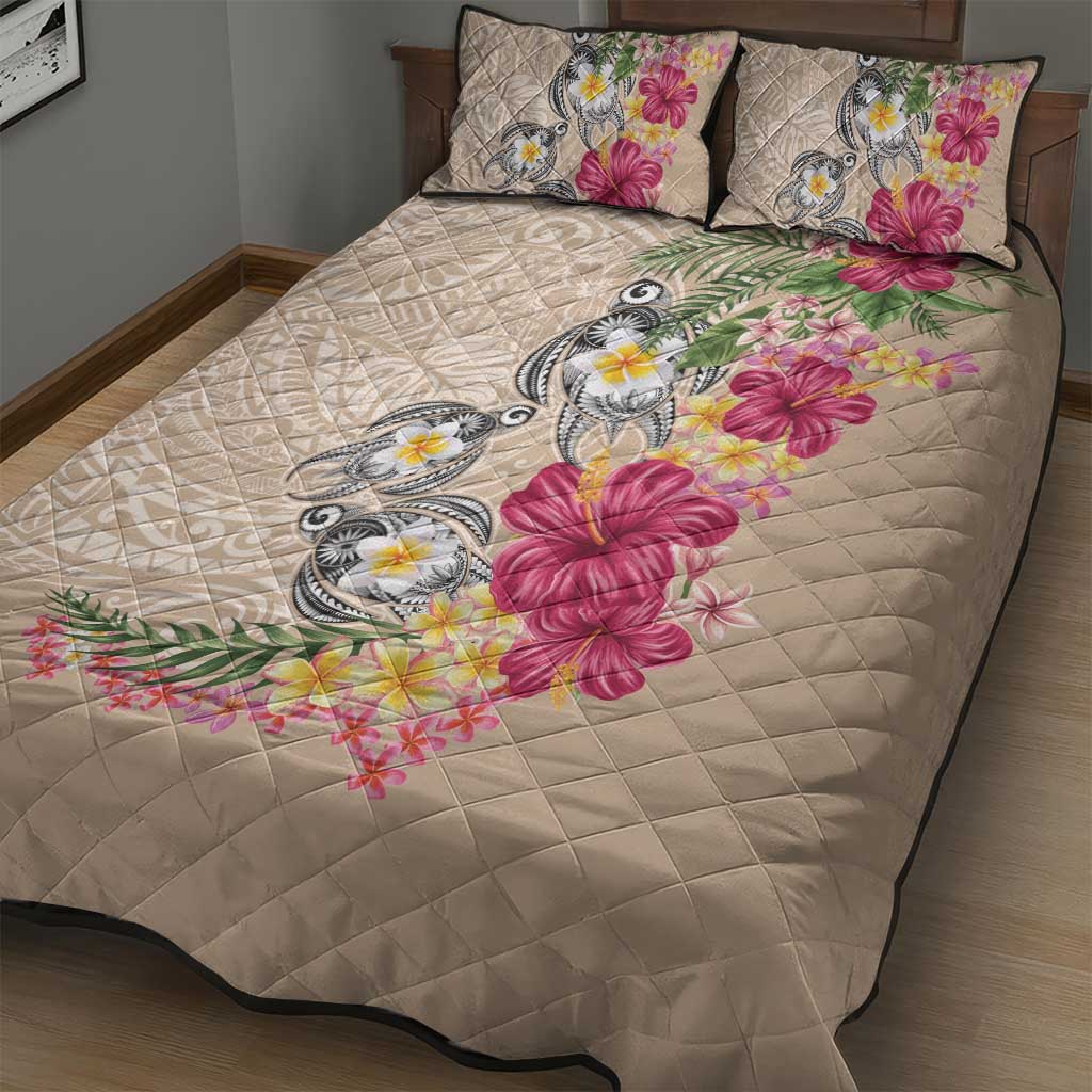Hawaiian Tropical Flowers and Tribal Turtles Quilt Bed Set Polynesian Art Motifs Beige Color - Polynesian Pride