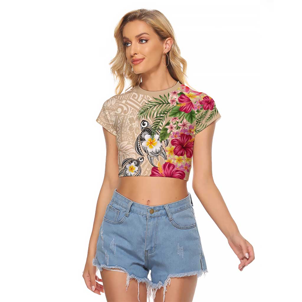 Hawaiian Tropical Flowers and Tribal Turtles Raglan Cropped T Shirt Polynesian Art Motifs Beige Color - Polynesian Pride