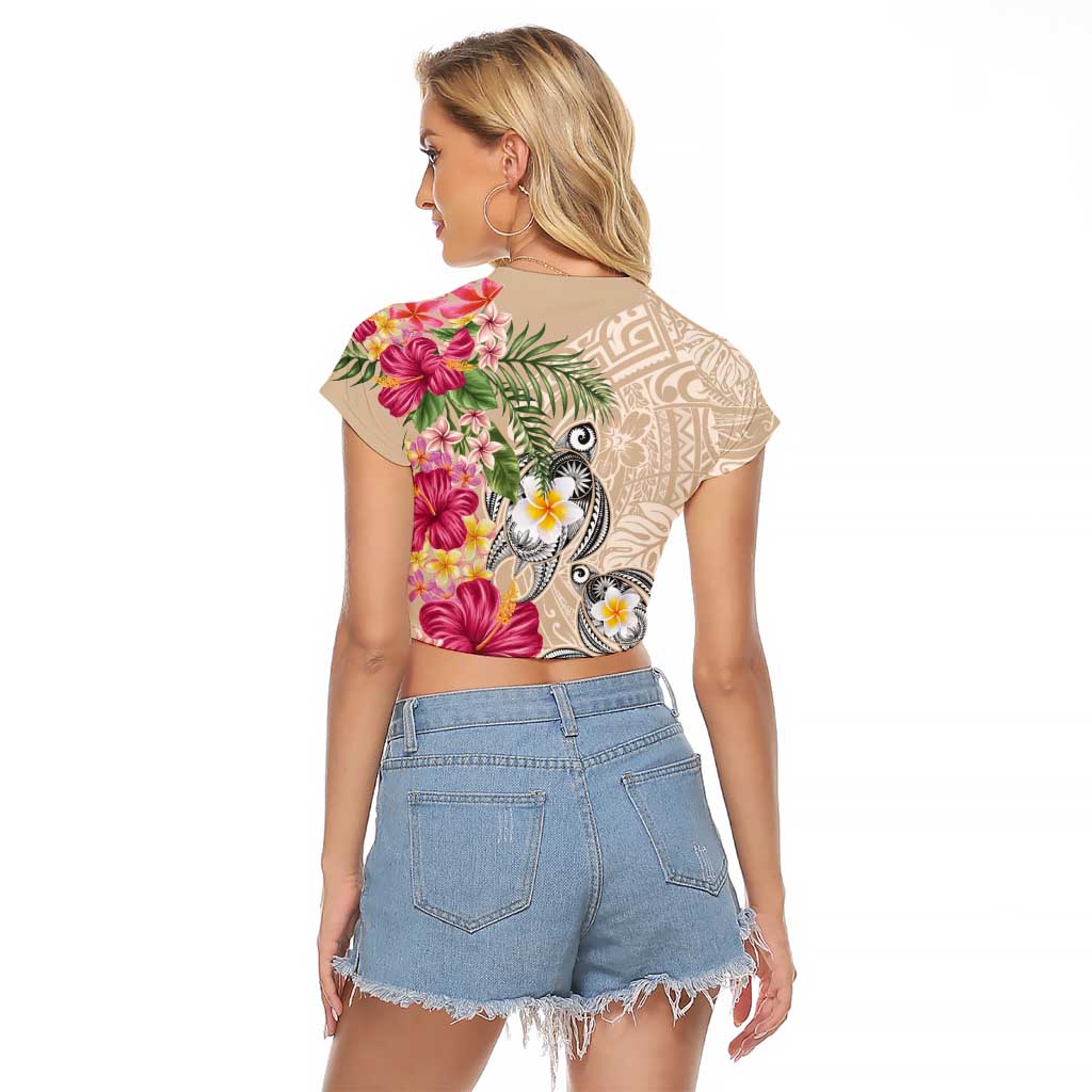 Hawaiian Tropical Flowers and Tribal Turtles Raglan Cropped T Shirt Polynesian Art Motifs Beige Color - Polynesian Pride
