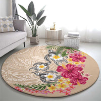 Hawaiian Tropical Flowers and Tribal Turtles Round Carpet Polynesian Art Motifs Beige Color - Polynesian Pride