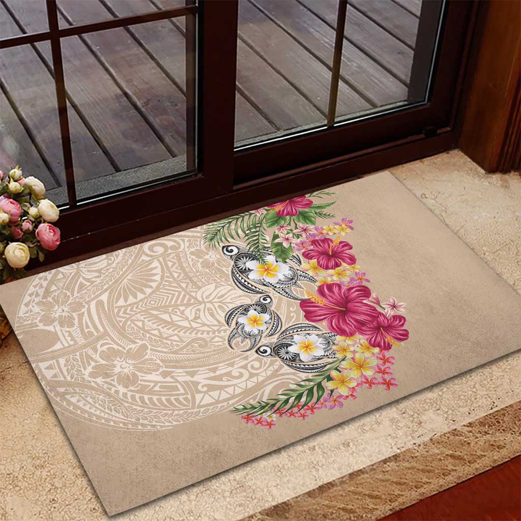 Hawaiian Tropical Flowers and Tribal Turtles Rubber Doormat Polynesian Art Motifs Beige Color - Polynesian Pride