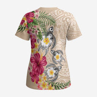 Hawaiian Tropical Flowers and Tribal Turtles Scrub Top Polynesian Art Motifs Beige Color - Polynesian Pride