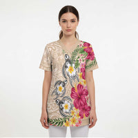 Hawaiian Tropical Flowers and Tribal Turtles Scrub Top Polynesian Art Motifs Beige Color - Polynesian Pride