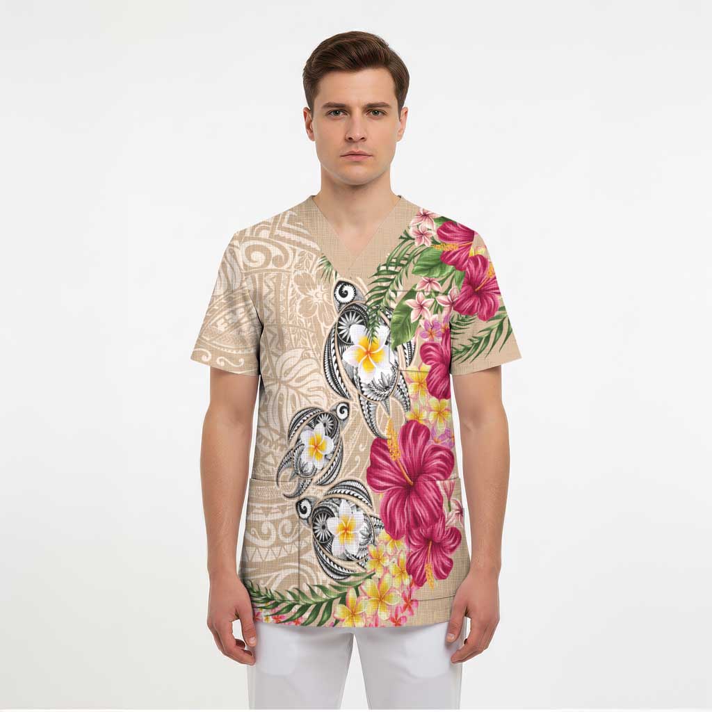 Hawaiian Tropical Flowers and Tribal Turtles Scrub Top Polynesian Art Motifs Beige Color - Polynesian Pride