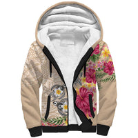 Hawaiian Tropical Flowers and Tribal Turtles Sherpa Hoodie Polynesian Art Motifs Beige Color - Polynesian Pride