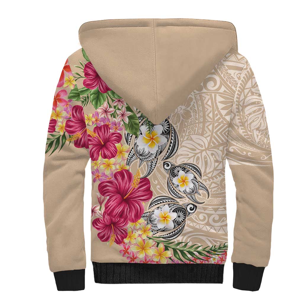 Hawaiian Tropical Flowers and Tribal Turtles Sherpa Hoodie Polynesian Art Motifs Beige Color - Polynesian Pride