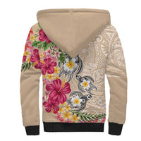 Hawaiian Tropical Flowers and Tribal Turtles Sherpa Hoodie Polynesian Art Motifs Beige Color - Polynesian Pride