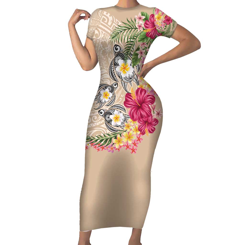 Hawaiian Tropical Flowers and Tribal Turtles Short Sleeve Bodycon Dress Polynesian Art Motifs Beige Color - Polynesian Pride
