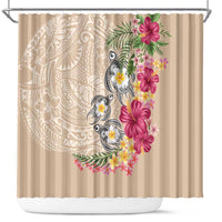 Hawaiian Tropical Flowers and Tribal Turtles Shower Curtain Polynesian Art Motifs Beige Color - Polynesian Pride