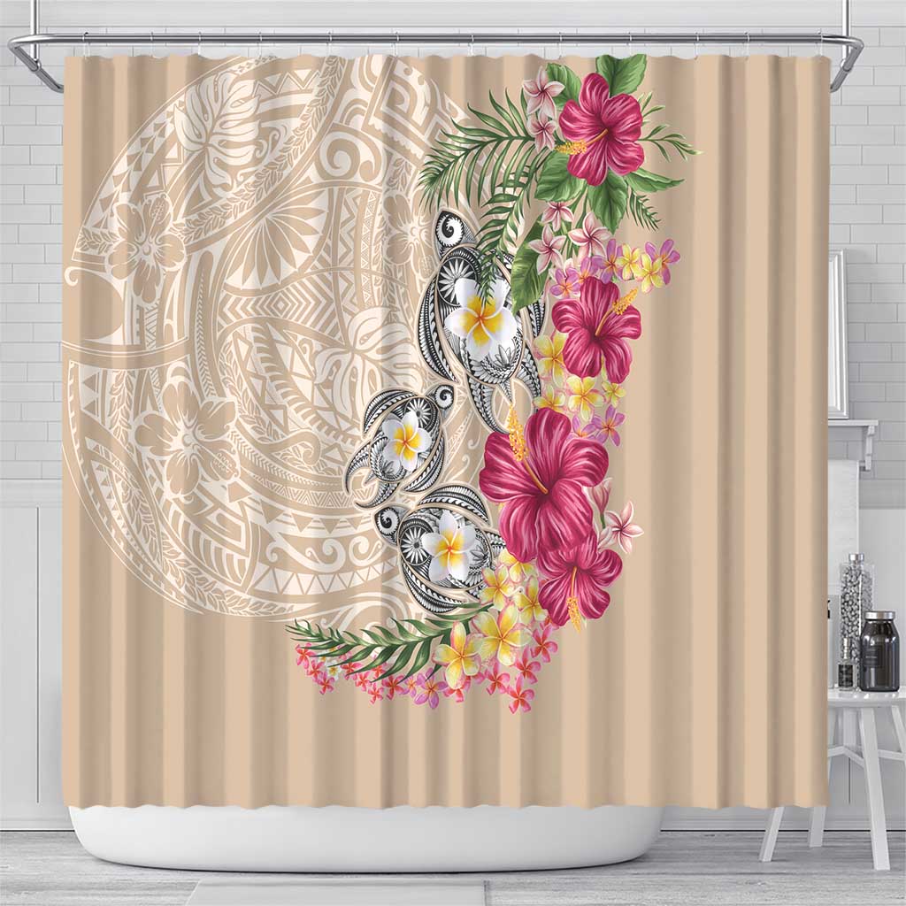 Hawaiian Tropical Flowers and Tribal Turtles Shower Curtain Polynesian Art Motifs Beige Color - Polynesian Pride