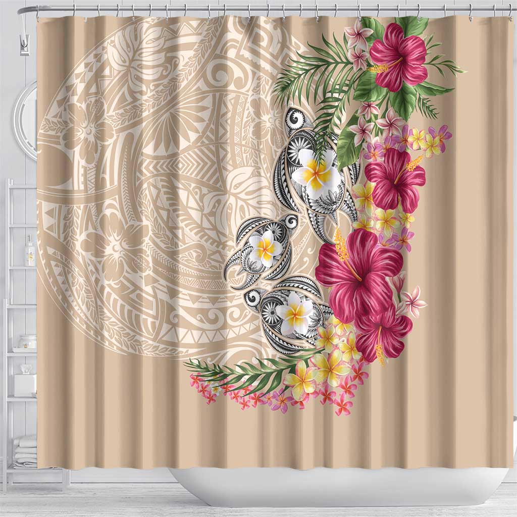 Hawaiian Tropical Flowers and Tribal Turtles Shower Curtain Polynesian Art Motifs Beige Color - Polynesian Pride