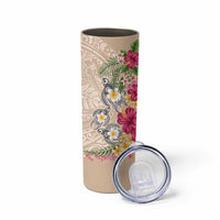 Hawaiian Tropical Flowers and Tribal Turtles Skinny Tumbler Polynesian Art Motifs Beige Color - Polynesian Pride