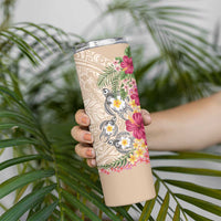 Hawaiian Tropical Flowers and Tribal Turtles Skinny Tumbler Polynesian Art Motifs Beige Color - Polynesian Pride