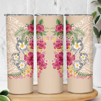 Hawaiian Tropical Flowers and Tribal Turtles Skinny Tumbler Polynesian Art Motifs Beige Color - Polynesian Pride