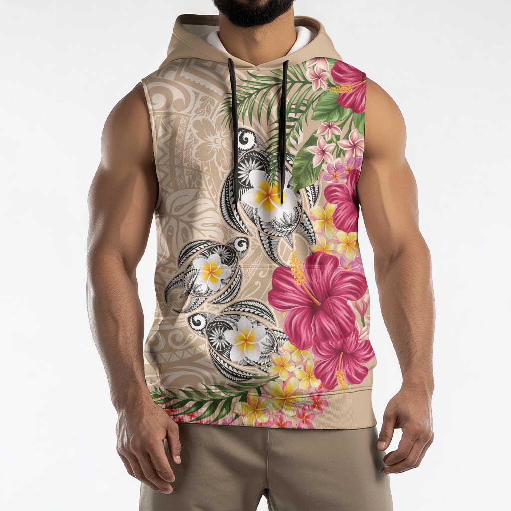 Hawaiian Tropical Flowers and Tribal Turtles Sleeveless Hoodie Polynesian Art Motifs Beige Color - Polynesian Pride