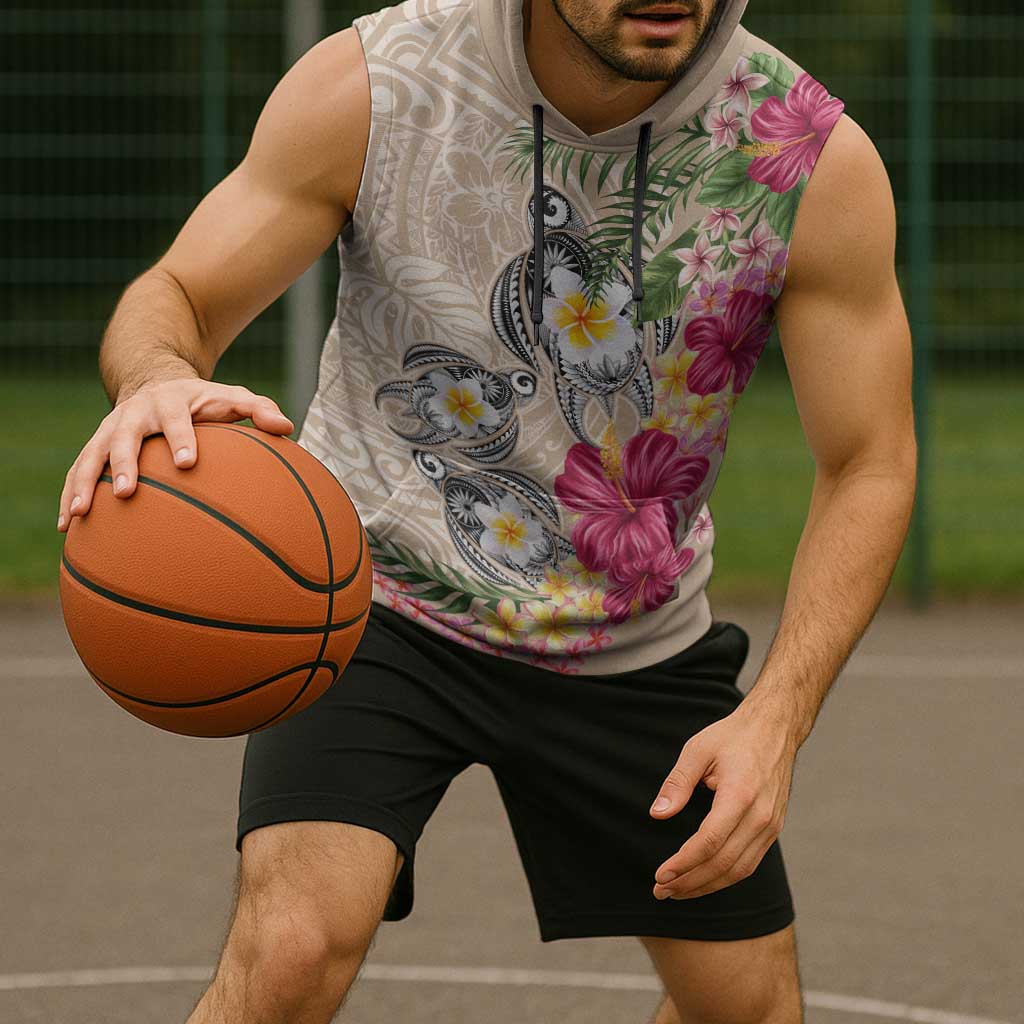 Hawaiian Tropical Flowers and Tribal Turtles Sleeveless Hoodie Polynesian Art Motifs Beige Color - Polynesian Pride