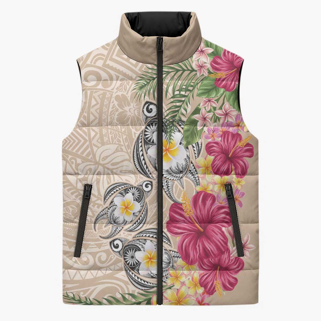Hawaiian Tropical Flowers and Tribal Turtles Sleeveless Puffer Jacket Polynesian Art Motifs Beige Color - Polynesian Pride
