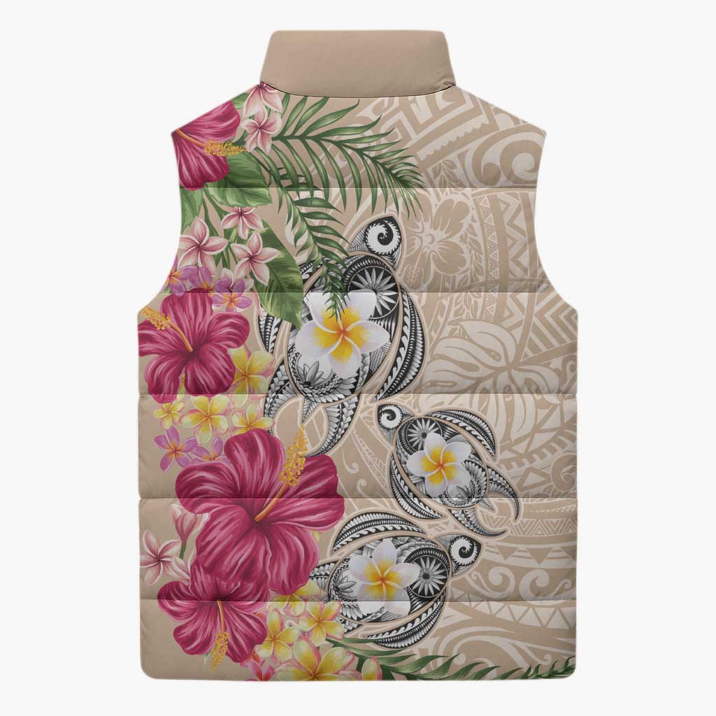 Hawaiian Tropical Flowers and Tribal Turtles Sleeveless Puffer Jacket Polynesian Art Motifs Beige Color - Polynesian Pride