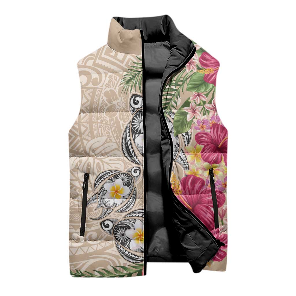 Hawaiian Tropical Flowers and Tribal Turtles Sleeveless Puffer Jacket Polynesian Art Motifs Beige Color - Polynesian Pride