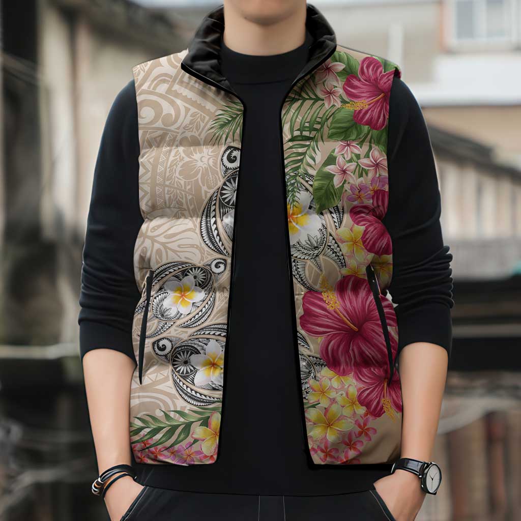 Hawaiian Tropical Flowers and Tribal Turtles Sleeveless Puffer Jacket Polynesian Art Motifs Beige Color - Polynesian Pride