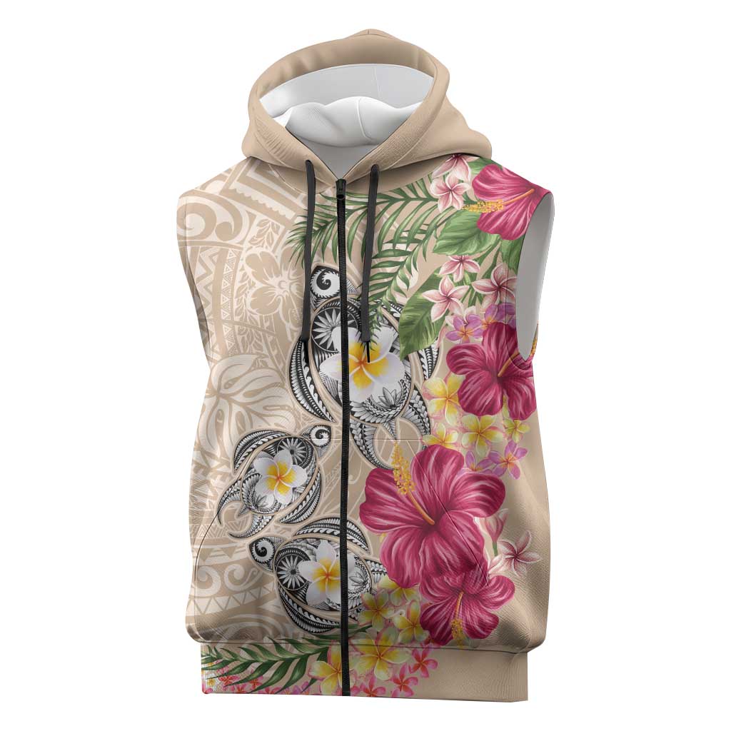 Hawaiian Tropical Flowers and Tribal Turtles Sleeveless Zip Hoodie Polynesian Art Motifs Beige Color - Polynesian Pride