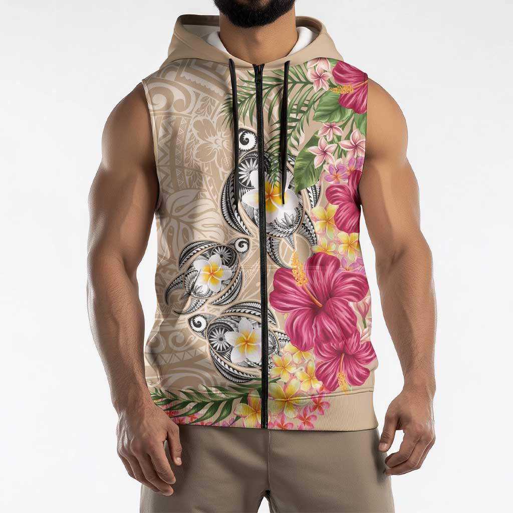 Hawaiian Tropical Flowers and Tribal Turtles Sleeveless Zip Hoodie Polynesian Art Motifs Beige Color - Polynesian Pride