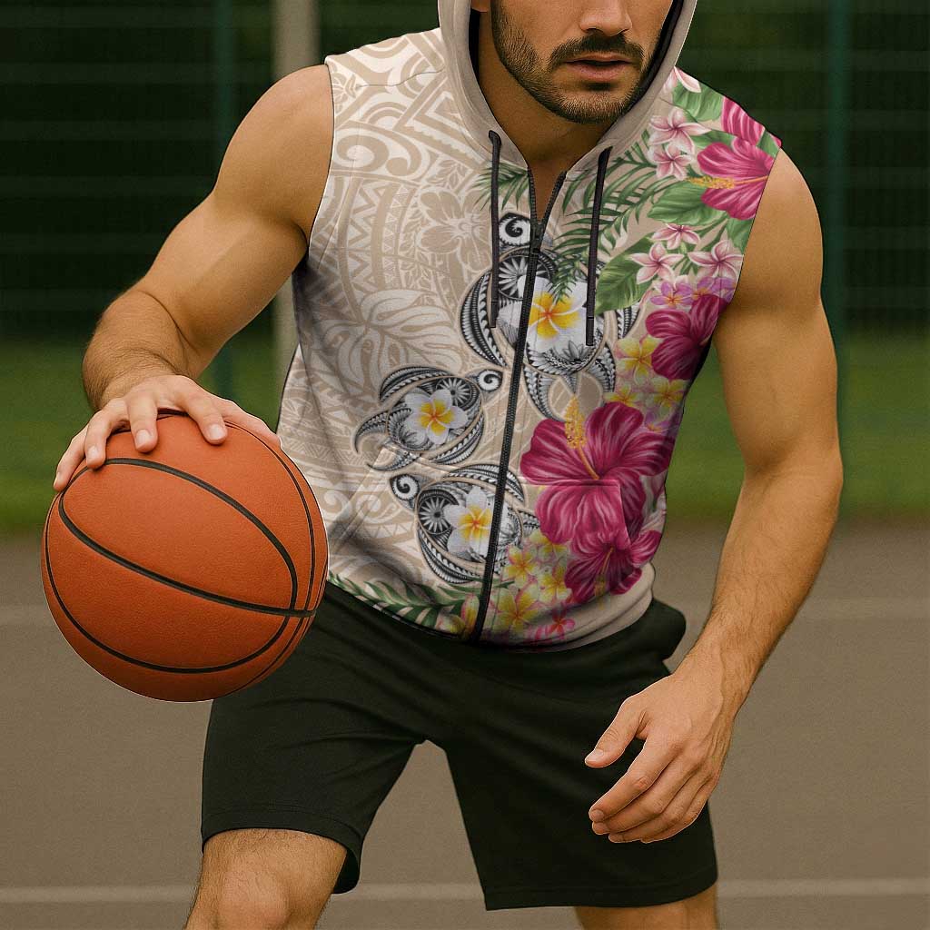 Hawaiian Tropical Flowers and Tribal Turtles Sleeveless Zip Hoodie Polynesian Art Motifs Beige Color - Polynesian Pride