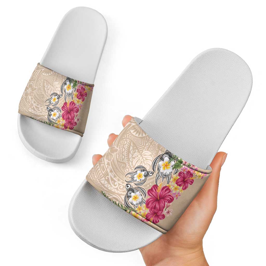 Hawaiian Tropical Flowers and Tribal Turtles Slide Sandals Polynesian Art Motifs Beige Color - Polynesian Pride