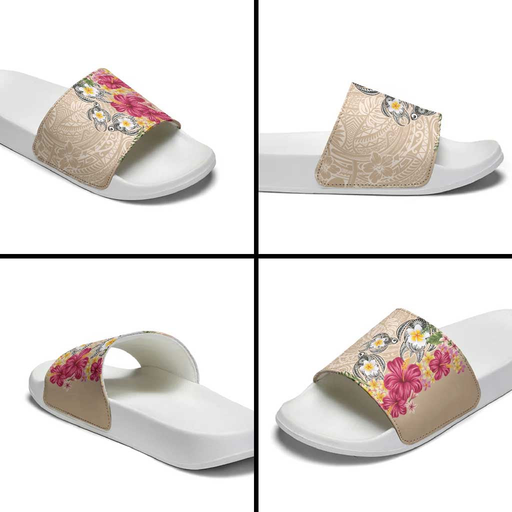 Hawaiian Tropical Flowers and Tribal Turtles Slide Sandals Polynesian Art Motifs Beige Color - Polynesian Pride