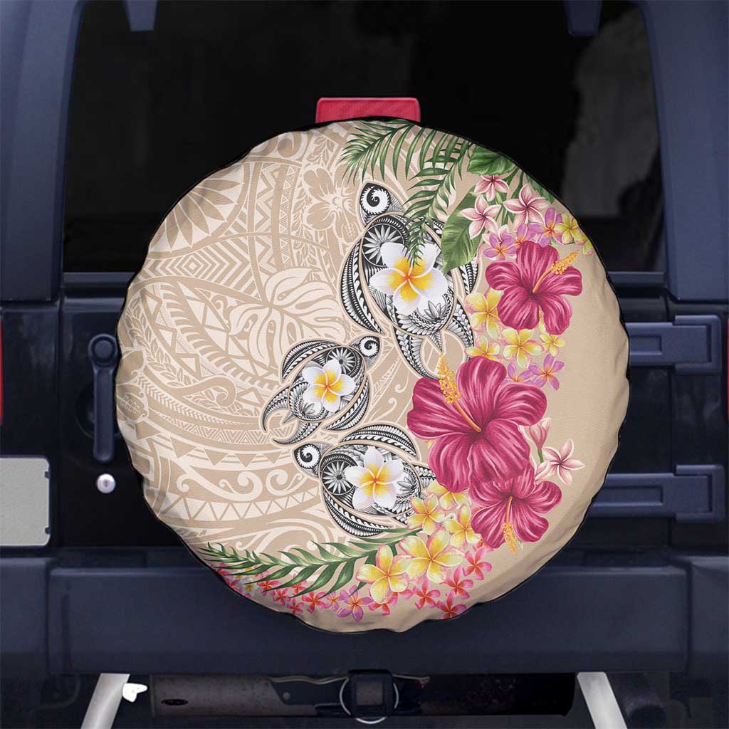 Hawaiian Tropical Flowers and Tribal Turtles Spare Tire Cover Polynesian Art Motifs Beige Color - Polynesian Pride