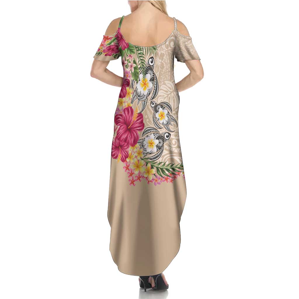 Hawaiian Tropical Flowers and Tribal Turtles Summer Maxi Dress Polynesian Art Motifs Beige Color - Polynesian Pride