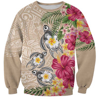 Hawaiian Tropical Flowers and Tribal Turtles Sweatshirt Polynesian Art Motifs Beige Color - Polynesian Pride