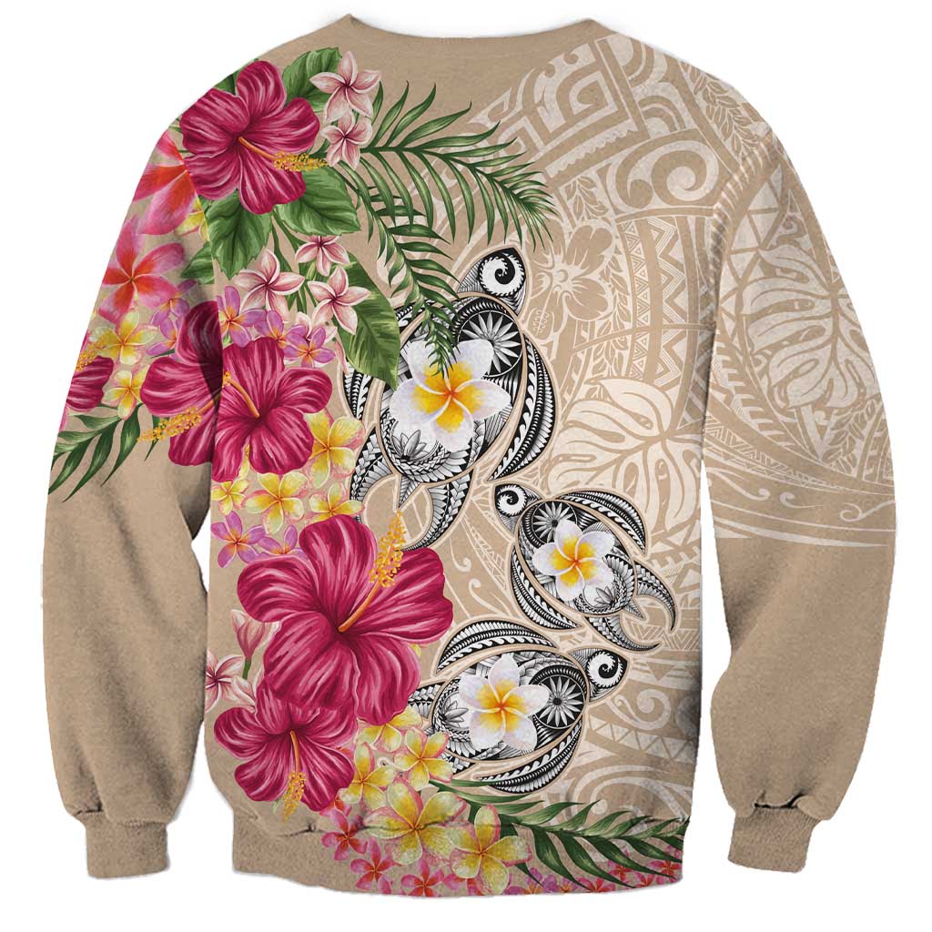 Hawaiian Tropical Flowers and Tribal Turtles Sweatshirt Polynesian Art Motifs Beige Color - Polynesian Pride