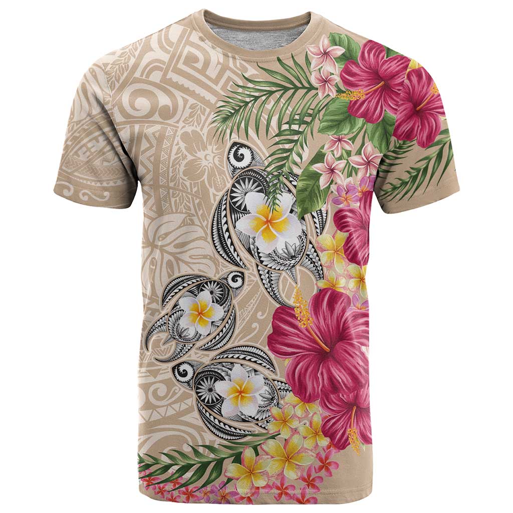 Hawaiian Tropical Flowers and Tribal Turtles T Shirt Polynesian Art Motifs Beige Color - Polynesian Pride