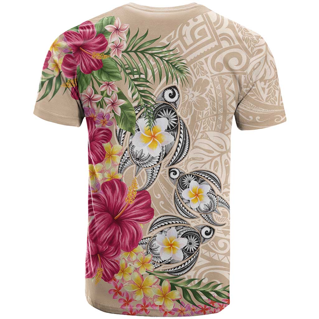 Hawaiian Tropical Flowers and Tribal Turtles T Shirt Polynesian Art Motifs Beige Color - Polynesian Pride